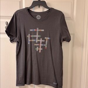 Life Is Good Dark Gray Short Sleeve Tee with Crossword Design